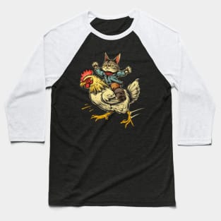 Funny Cat Riding a Chicken Baseball T-Shirt